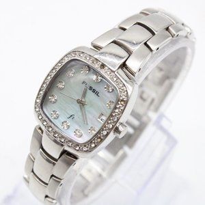 Fossil F2 Watch Womens Silver Tone Stainless Steel Classic Gray Rhinestones Dial